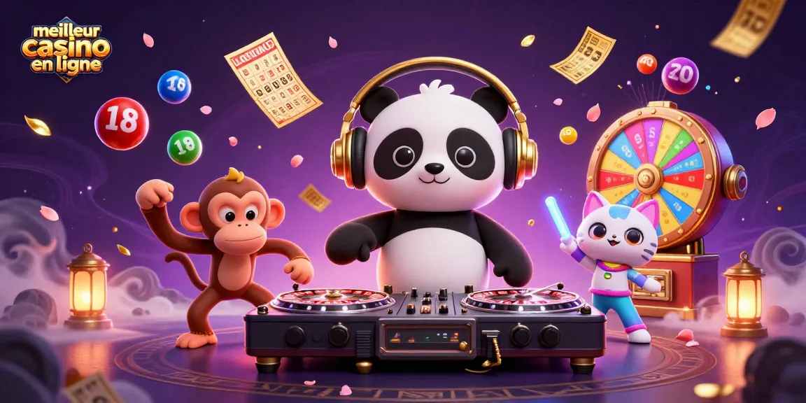 Illustration d'un DJ panda au meilleur casino en ligne, ambiance festive avec animaux de fête.