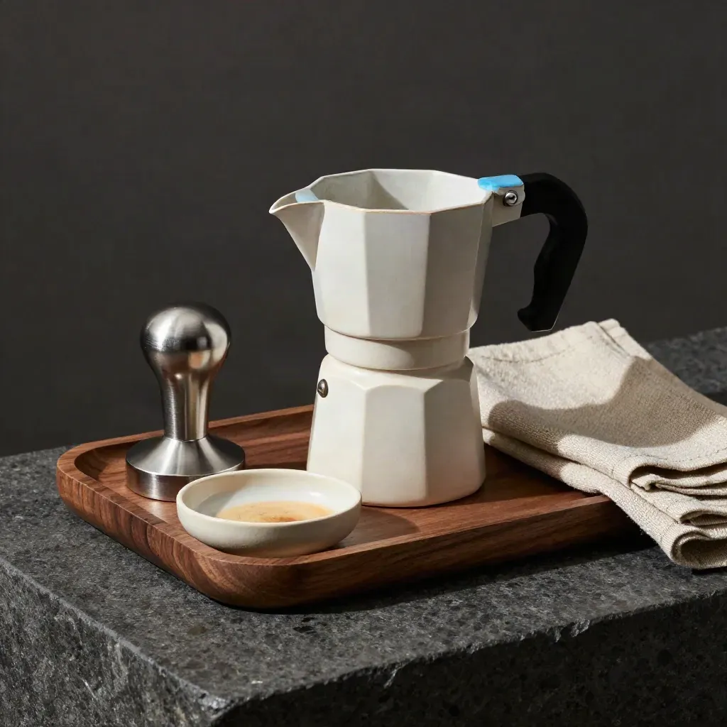 Matte espresso kit, tamper, and saucer on dark stone with a blue accent.