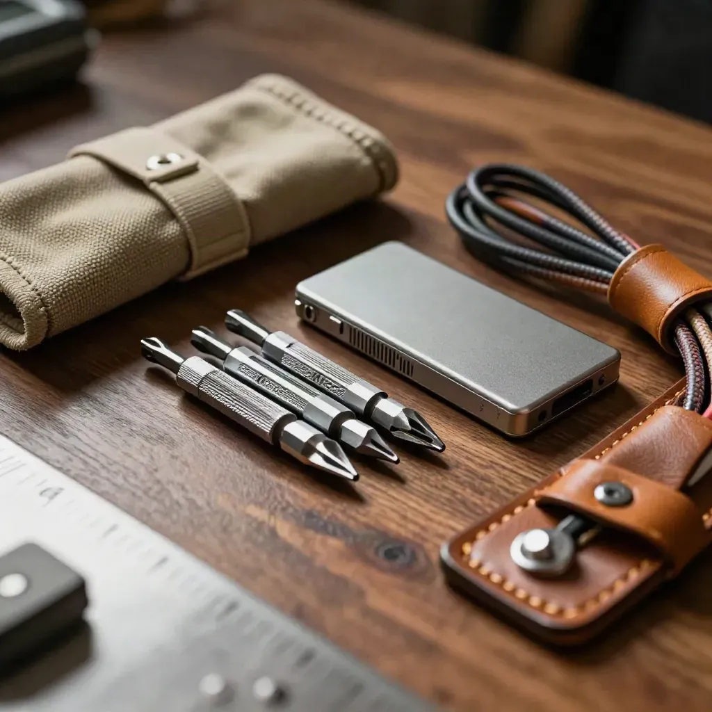 Top-down macro still life of screwdriver bits, SSD case, and cable organizer on walnut.