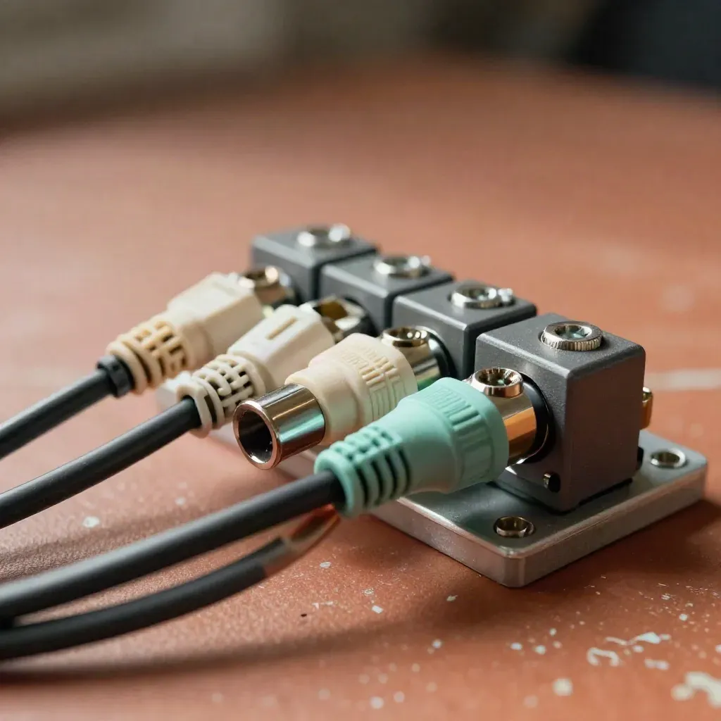 Close-up of braided cables, terminal blocks, and a junction plate on a terracotta surface.