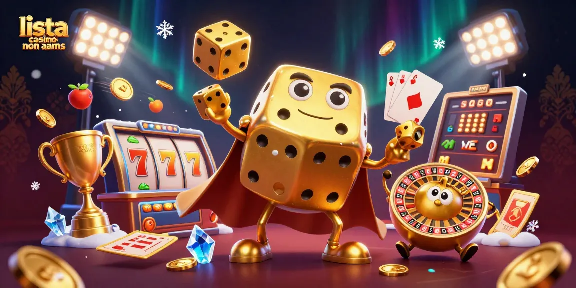 Gioca alla lista casino non aams con dadi dorati e simboli delle slot in un'illustrazione accattivante