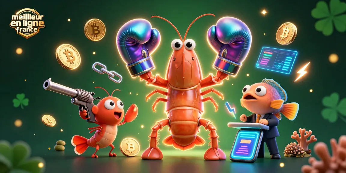 Capturer l'excitation du meilleur casino en ligne France avec des personnages animés, crypto et effets lumineux.