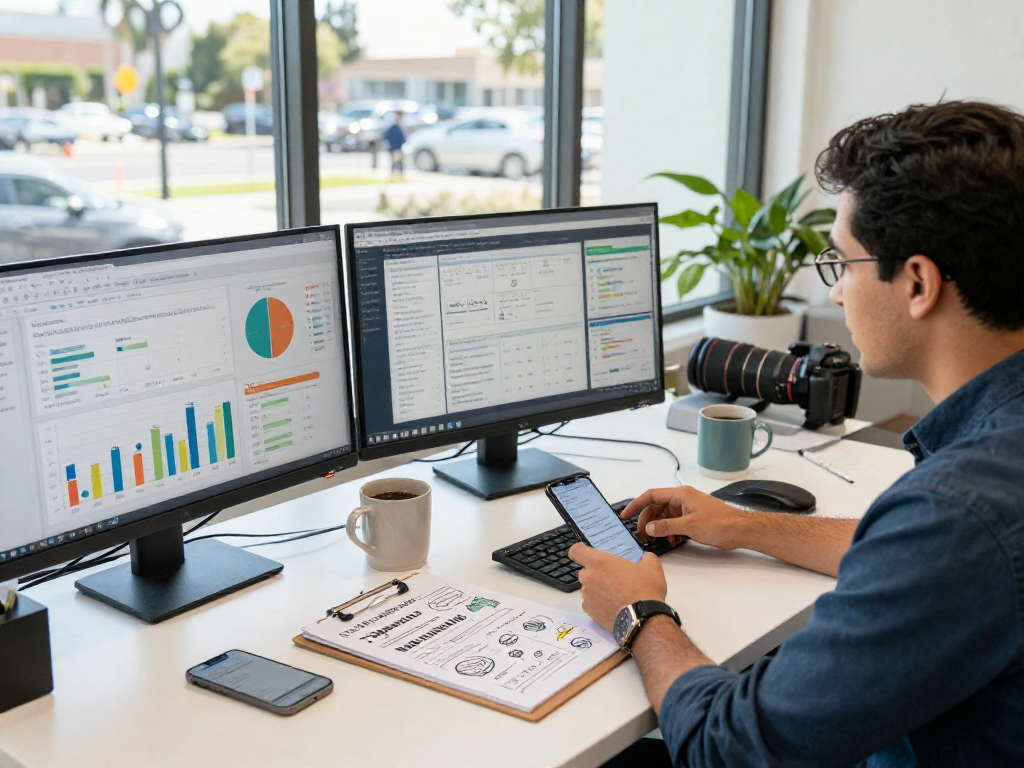 Orange County SEO company operators analyzing marketing strategies in a modern office.
