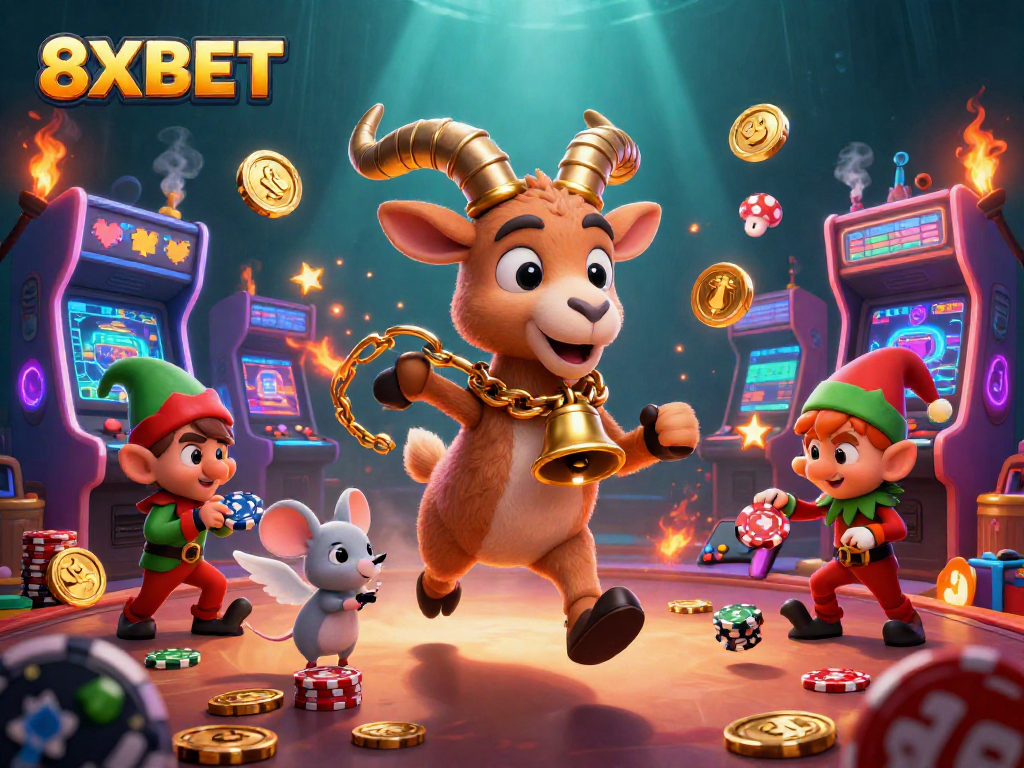 Engage with 8XBET in a vibrant casino scene featuring a Krampus goat and dynamic games