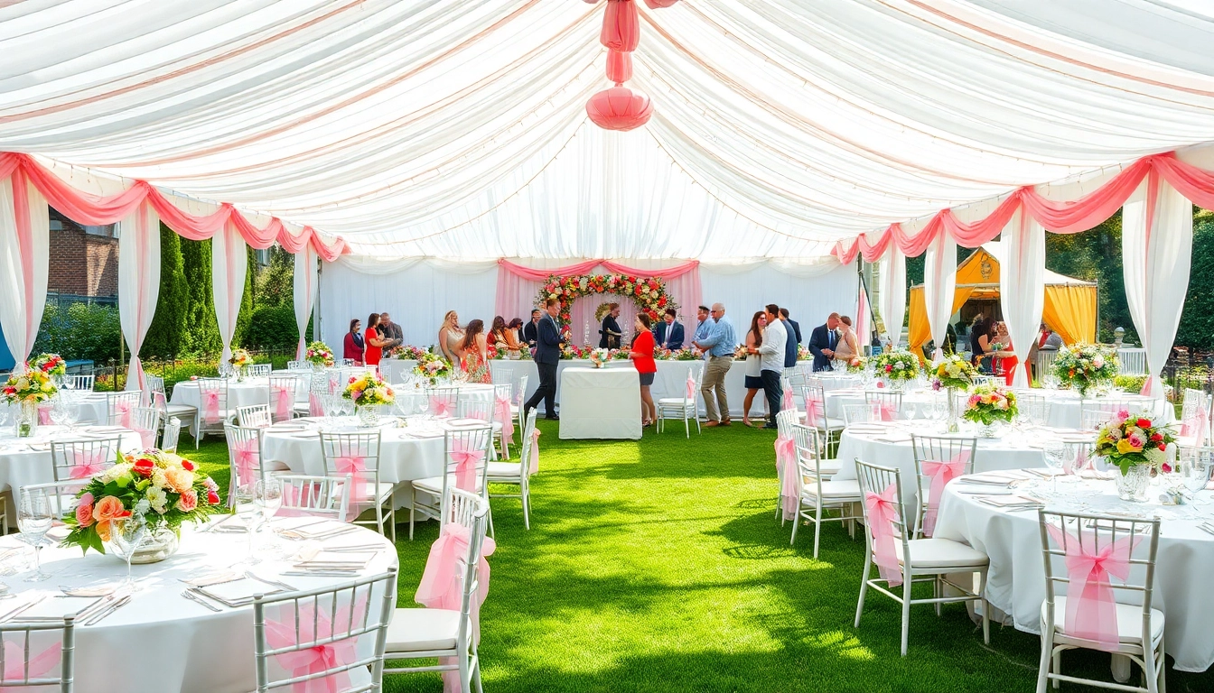 Guests enjoying a festive gathering under beautifully designed Party Tent Rentals with exquisite decorations.