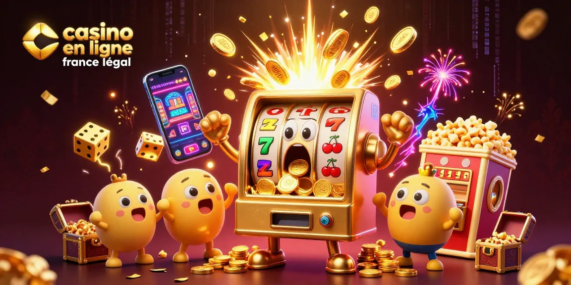 Illustration animée d'un casino en ligne légal en France avec une machine à sous et des billets dorés tombant.