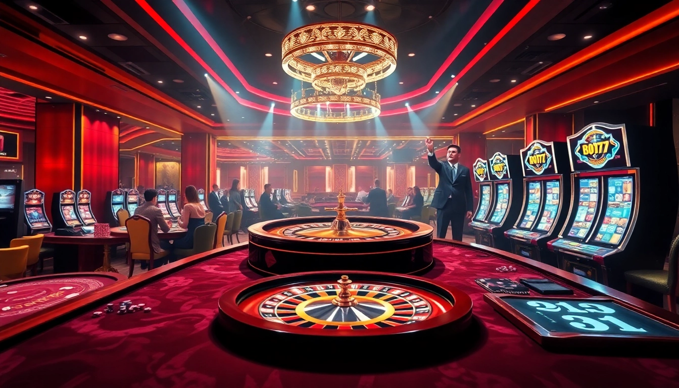 Players enjoying the excitement of online gaming at https://ok88.tech/ with vibrant casino tables and colorful slot machines.