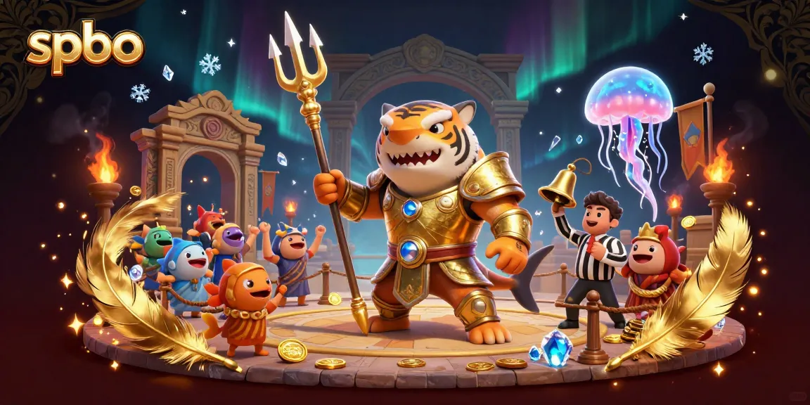 Engage with spbo's thrilling underwater casino with a gladiator shark amidst vibrant game elements.