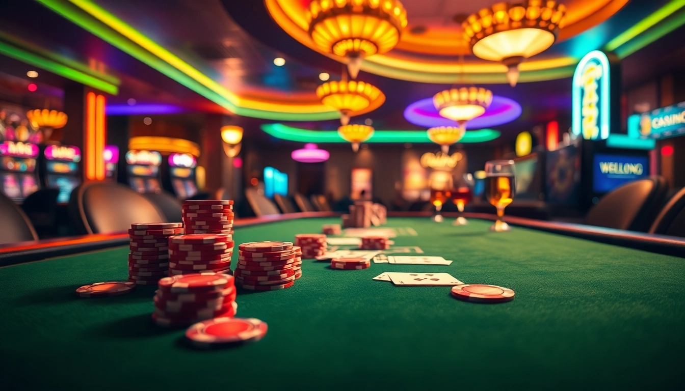 Permainan menarik di Planet77 Pulsa dengan meja poker yang elegan dan suasana kasino yang menawan.