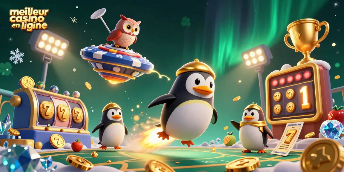 Découvrez le meilleur casino en ligne avec cette scène dynamique d'un pingouin doré voyageant à travers l'espace, entouré d'éléments de jeux.