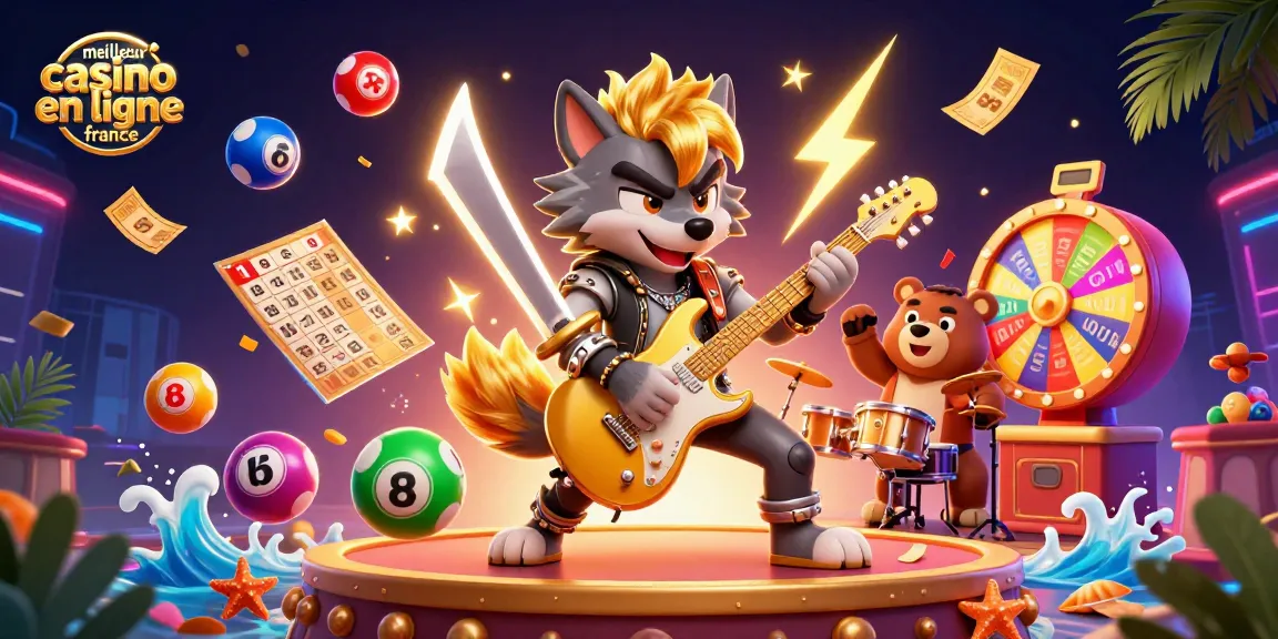 Illustration colorée sur le thème du meilleur casino en ligne en France avec un loup rock star et un ours batteur.