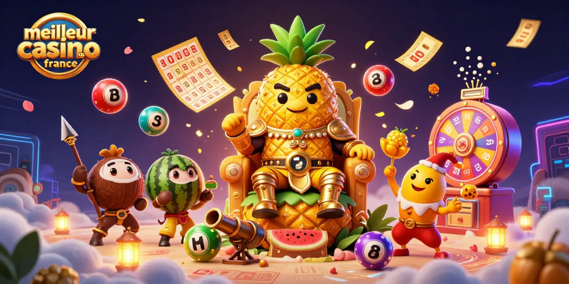 Vivez l'aventure du meilleur casino en ligne France avec un roi ananas et des éléments de bingo.