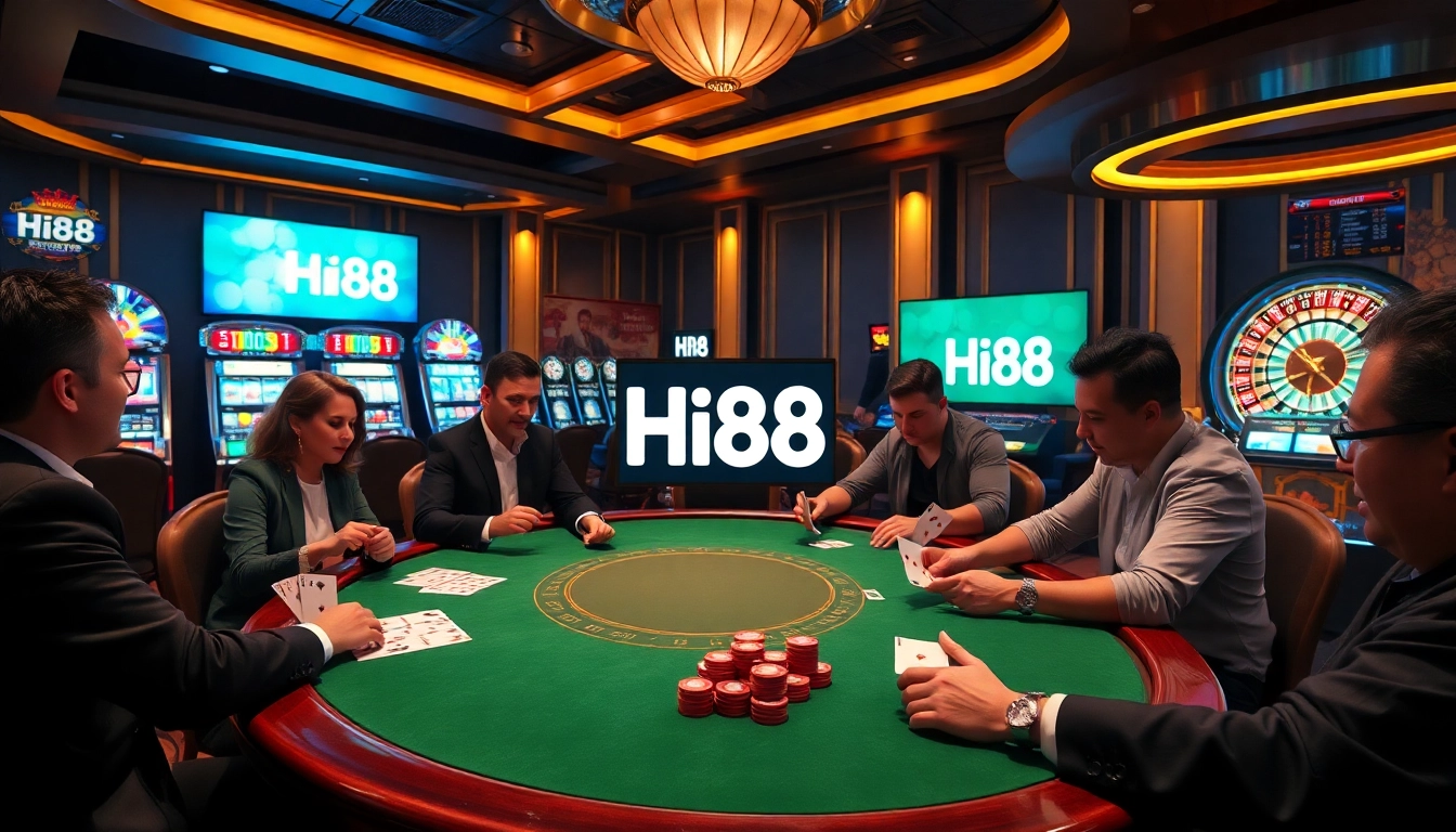 Hi88 players enjoying a thrilling gaming experience at a luxurious casino.