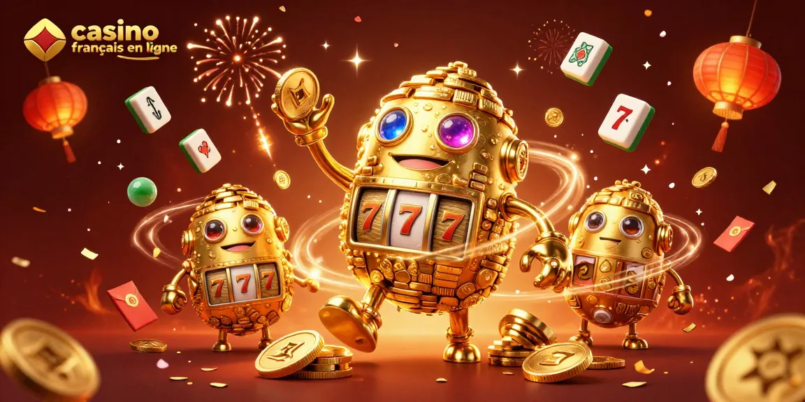 Profitez des jeux captivants d'un casino français en ligne avec un golem doré et des symboles chanceux.