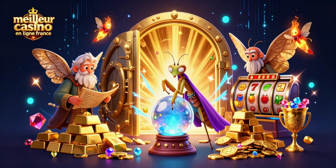 Illustration dynamique de "meilleur casino en ligne france" avec des personnages mystiques entourés de jeux de machines à sous incroyables.