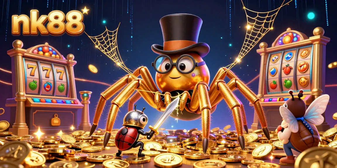 Engage with nk88 by joining a vibrant casino scene featuring a giant tarantula and beetle knight.