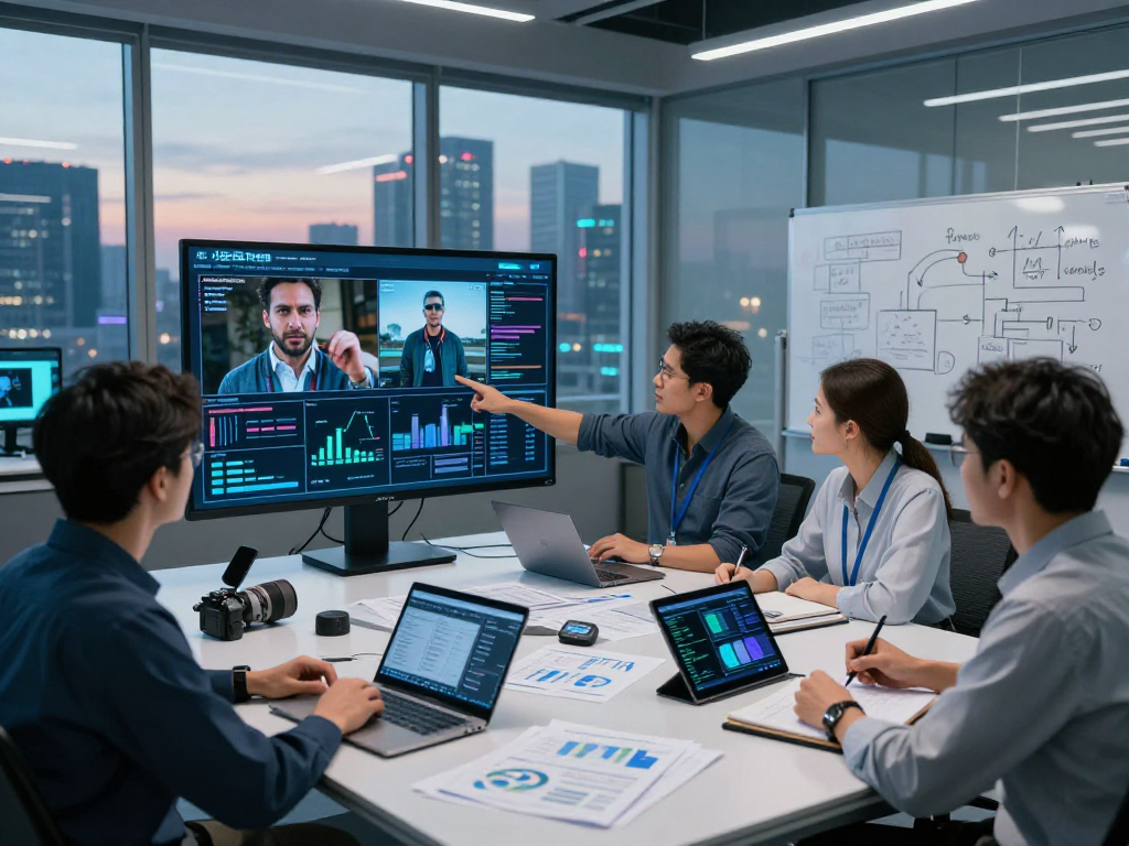 Detect AI image with specialists analyzing content moderation data in a high-tech control room.