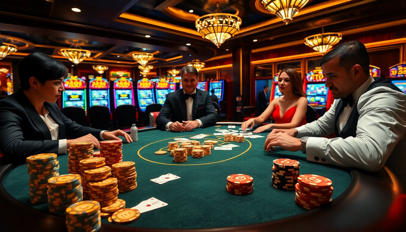 Experience an exhilarating poker game with TT88 chips and elegant players in a luxury casino setting.