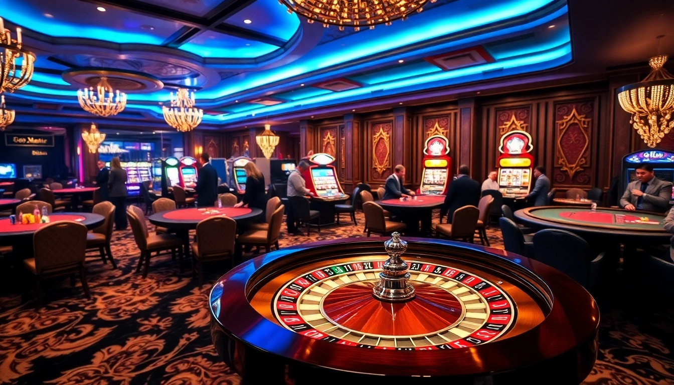Excited players engaging at the b52club casino with vibrant slot machines and tables.