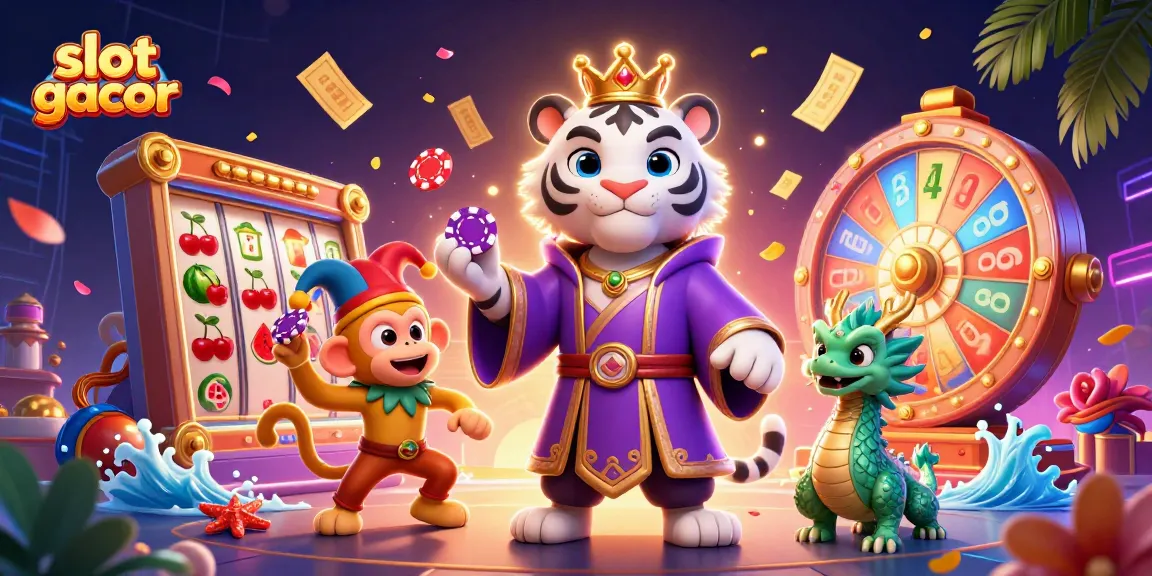 Experience slot gacor excitement with a vibrant scene of characters and slot reels.