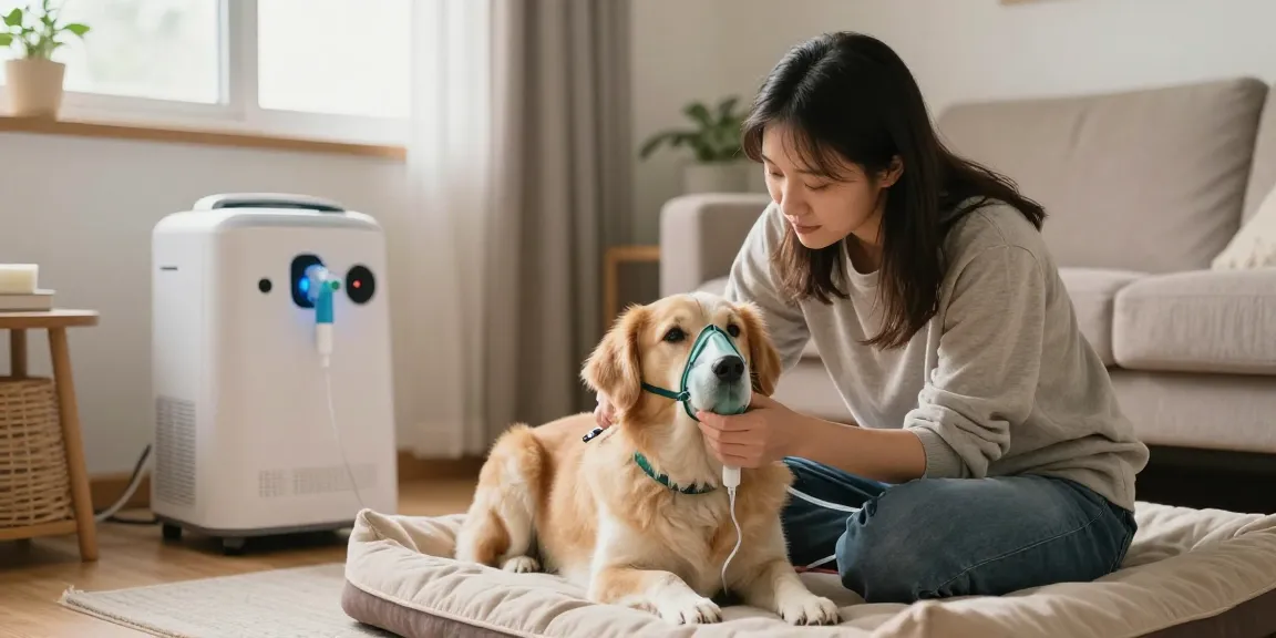 Caring pet owner using an oxygen machine from https://www.petair.hk/ to help their dog breathe comfortably at home.