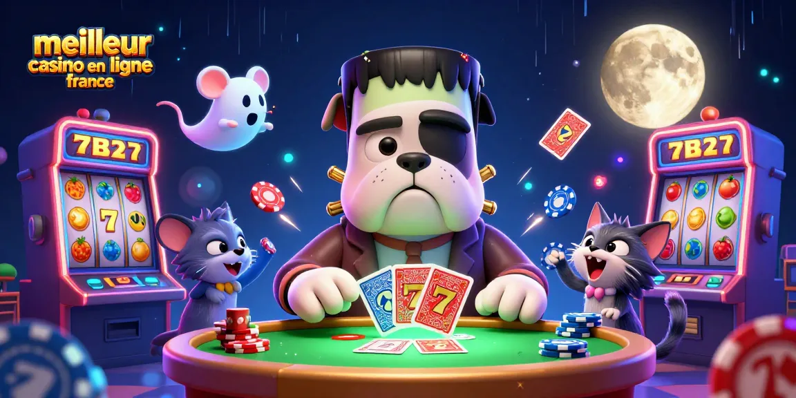 Jouer au meilleur casino en ligne France avec un bulldog Frankenstein et un chat-loup entouré de machines à sous.