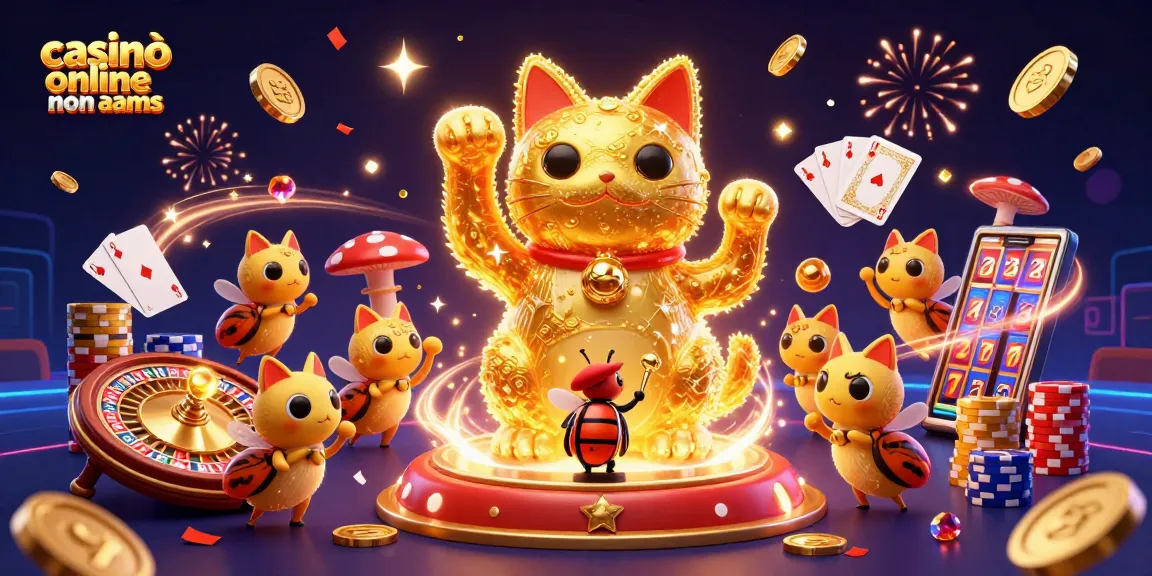Scopri i casinò online non AAMS con questa colorata illustrazione 3D di un gatto fortunato e simboli di gioco.