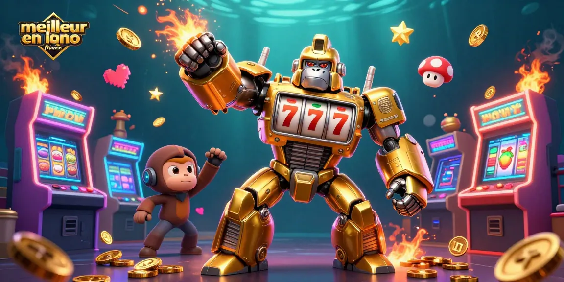 Illustration dynamique avec le meilleur casino en ligne en France, présentant un gorille mech doré et des machines de jeux colorées.
