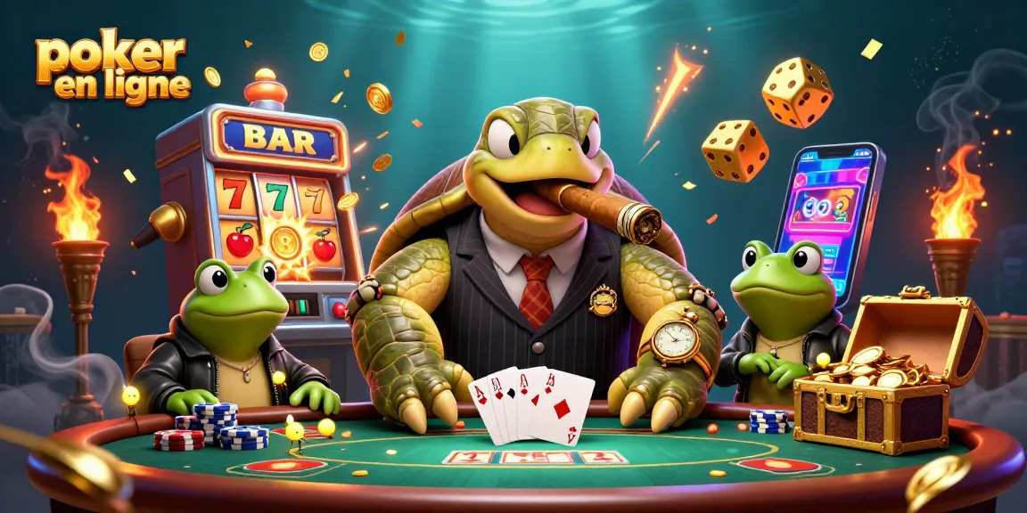 Jouez au poker en ligne avec une illustration colorée et animée de personnages emblématiques et d'éléments de jeu.