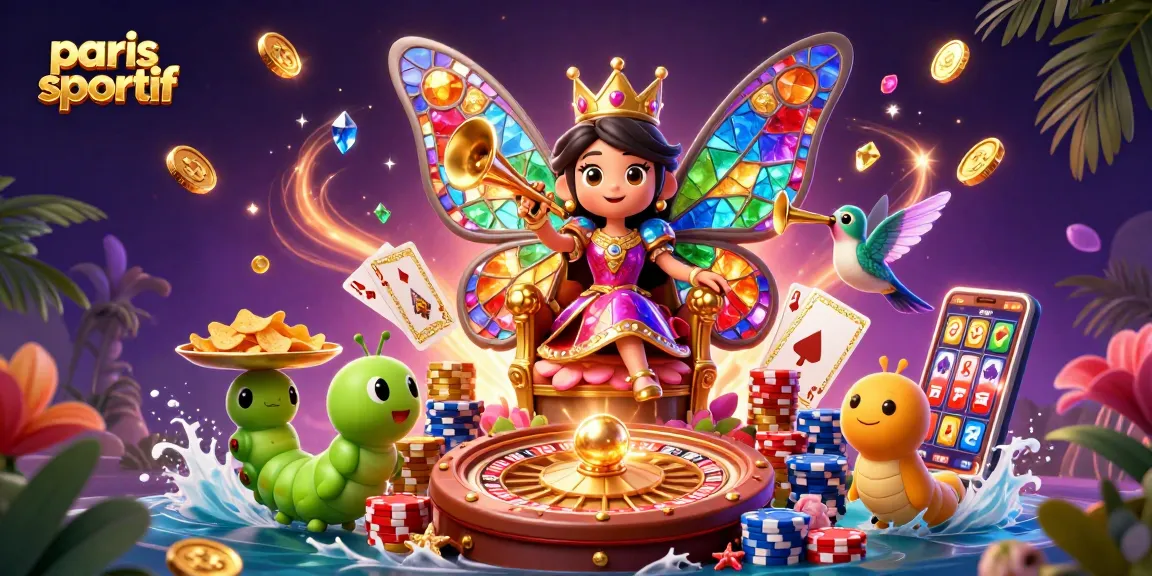 Paris sportif : illustration d'une reine papillon avec des serviteurs, jetons d'or et ambiance magique.