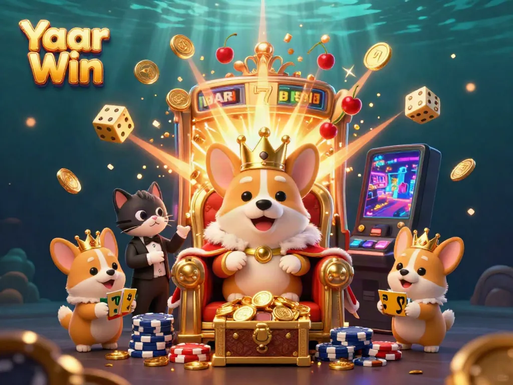 Play exciting games on Yaar Win with a vibrant, fun-filled casino scene featuring golden corgis, dynamic slot machine, and rich prizes.