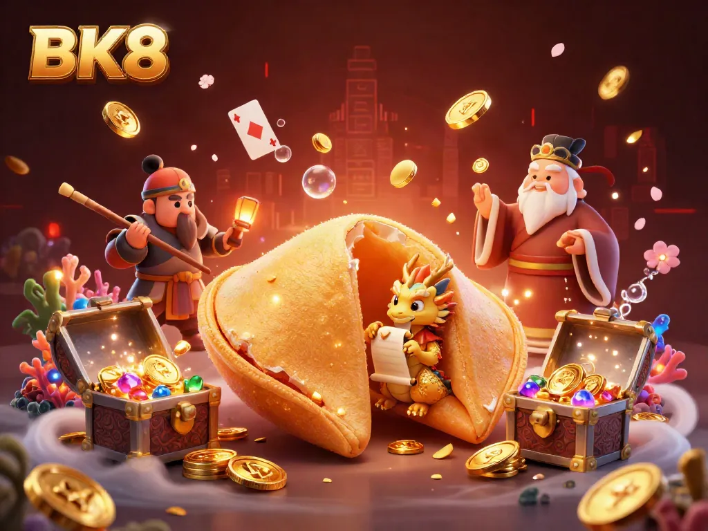 Experience the excitement of BK8 with this vibrant 3D casino scene featuring a golden fortune cookie and dynamic game elements.