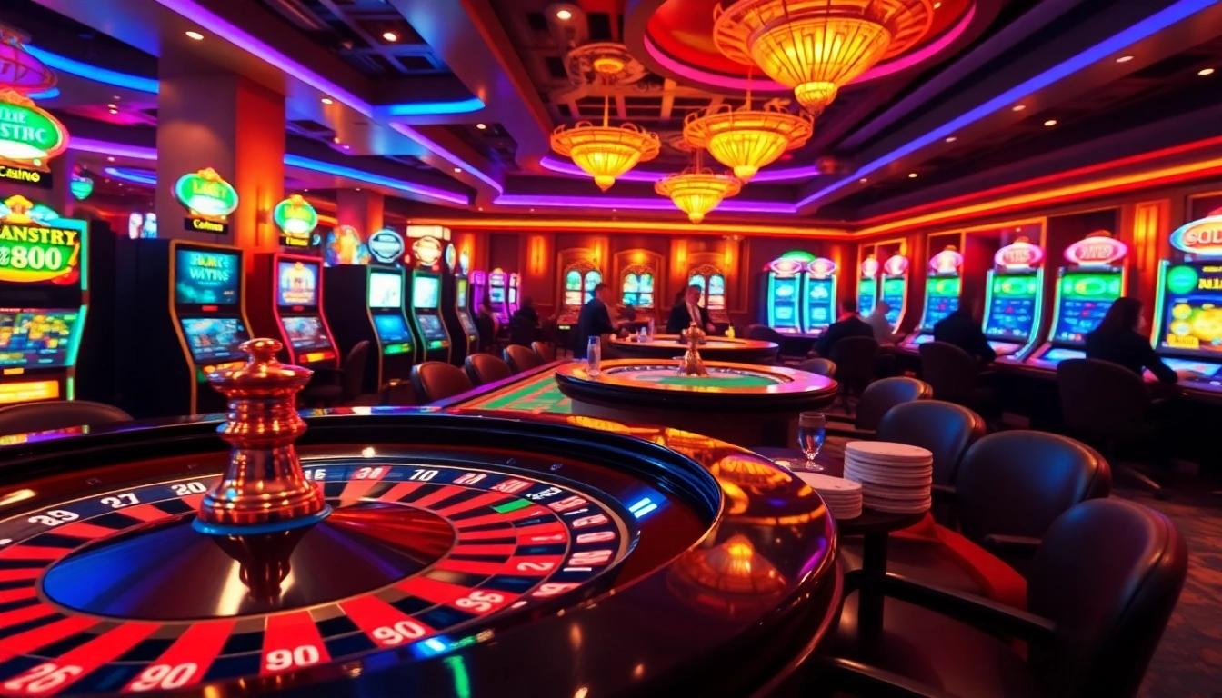 Play exciting games at rr88 gratis in a luxurious casino setting with vibrant tables and slots.