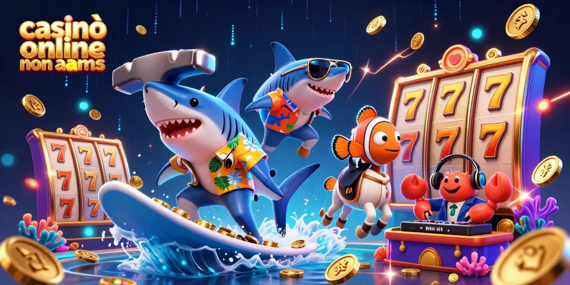 Immergiti nel mondo dei casinò online non AAMS con una vivace illustrazione di un pesce martello in costume hawaiano.