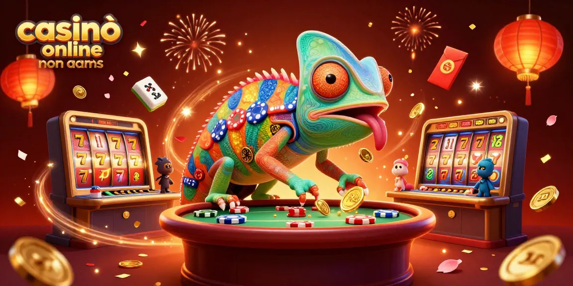 Gioca ai casinò online non AAMS con un camaleonte che osserva i tavoli da gioco e raccoglie monete d'oro.
