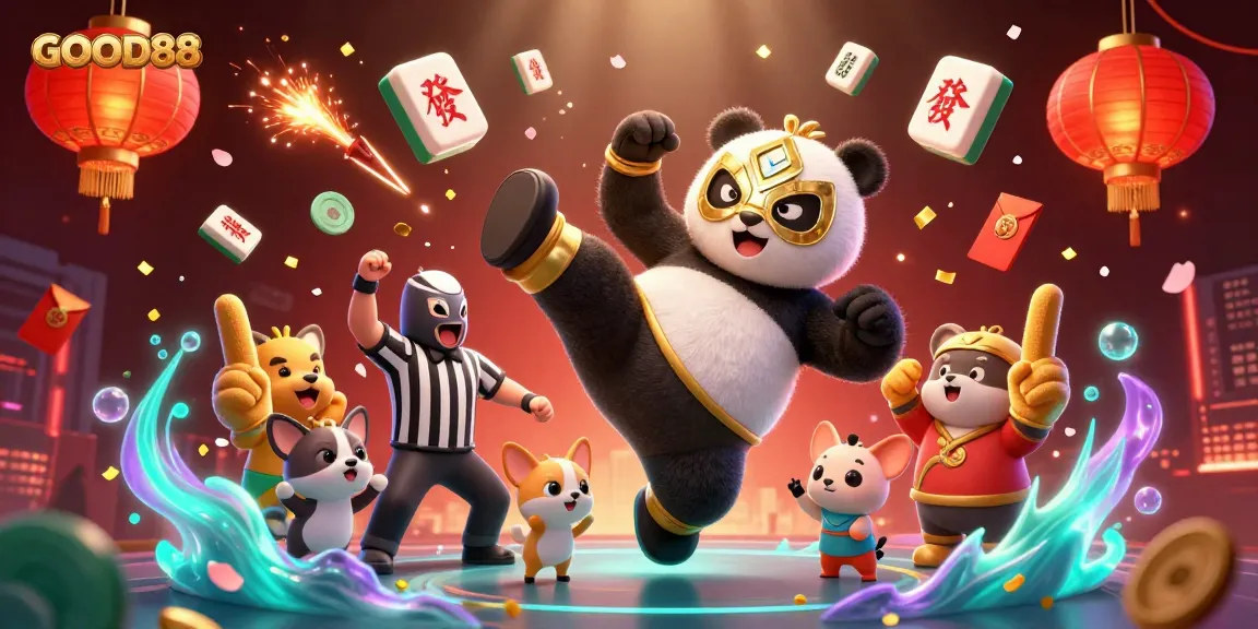 Engaging scene showcasing GOOD88 with a panda wrestler, referee, and animal spectators celebrating a casino-themed event.