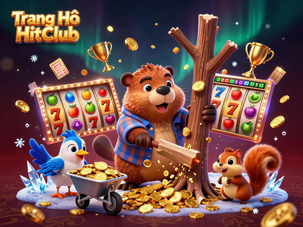 Experience the excitement of Trang Chủ HitClub in this lively 3D scene with a beaver, bird, and squirrel collecting golden coins.