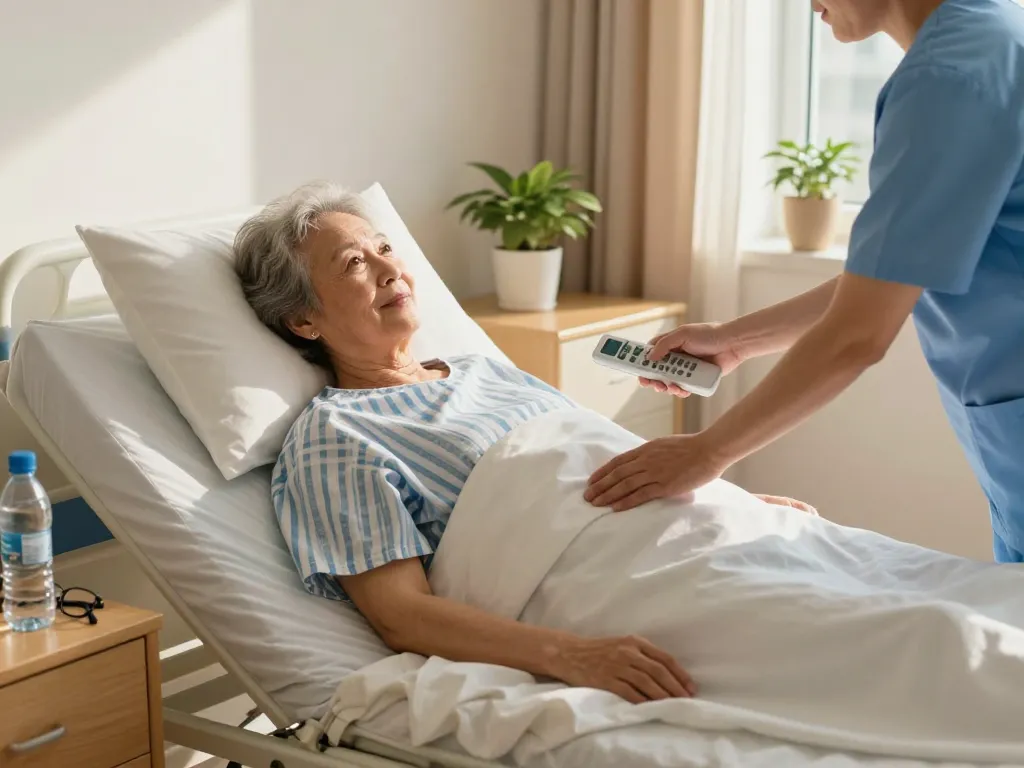 Comfortable giường bệnh nhân set in a cozy home care environment, highlighting elderly patient care.