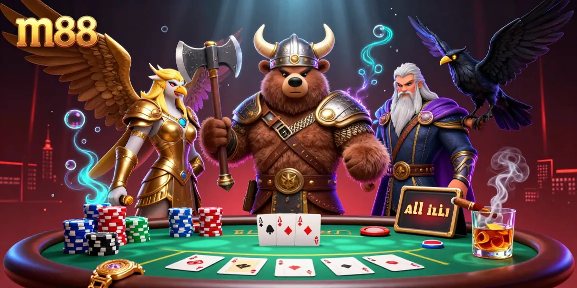 Engage with m88's vibrant 3D casino atmosphere featuring a Viking berserker and Valkyrie eagle amid colorful poker elements.