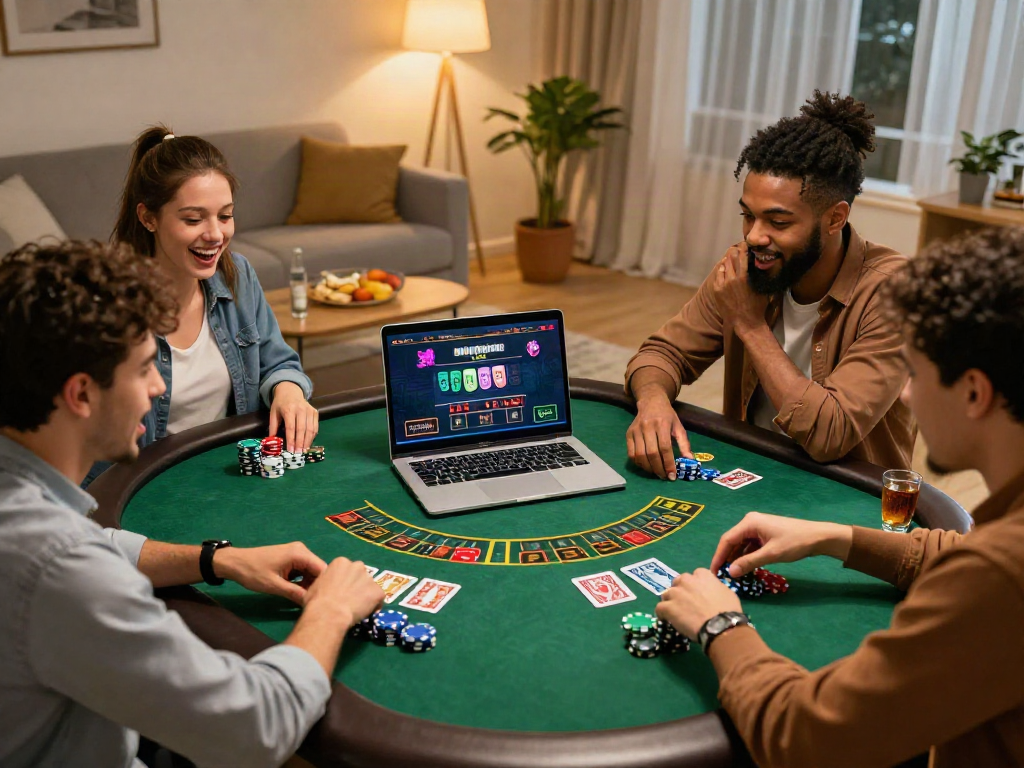 Friends enjoying an exciting casino online gaming session with blackjack and roulette on a laptop in a cozy living room.