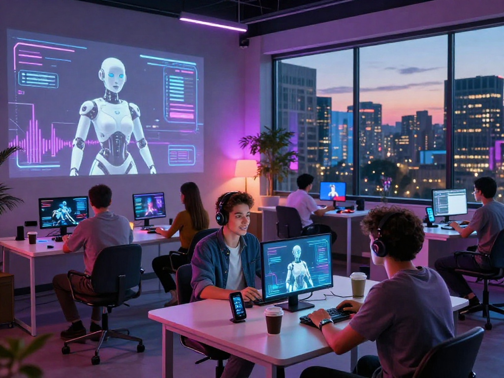 Interactive scene with users engaging a sex bot in a modern tech environment.