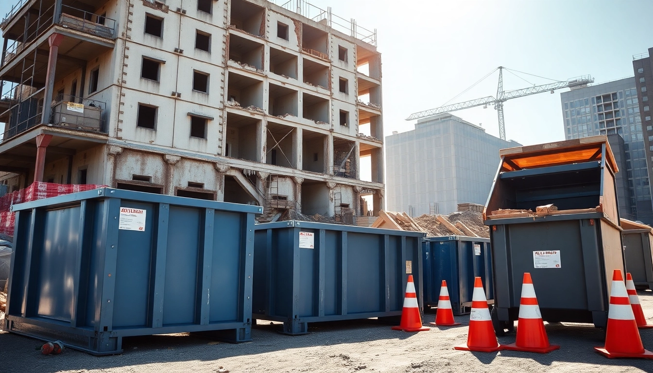 Efficient roll off bins positioned at a bustling construction site, showcasing diverse sizes and strength.