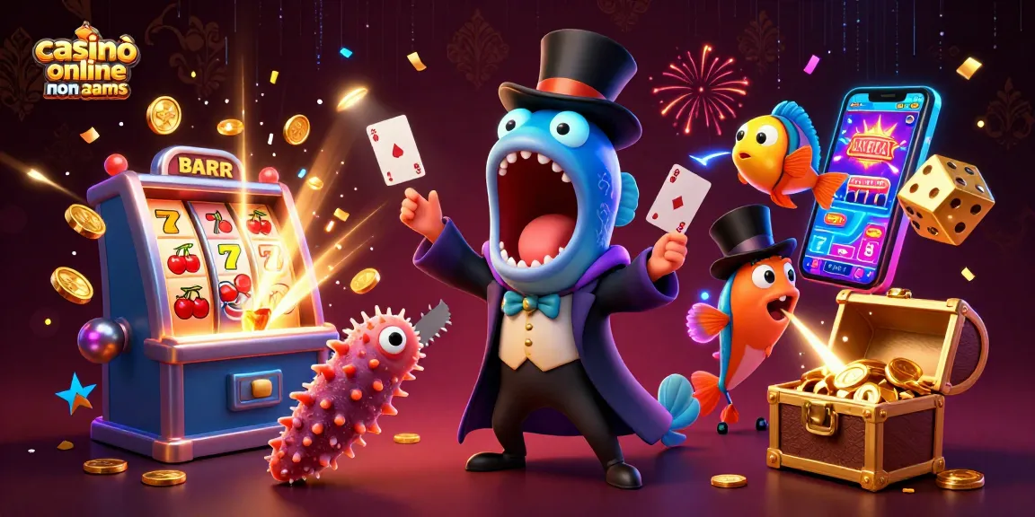 Visualizza un divertente casinò online non AAMS con pesci che intrattengono con trucchi magici e slot machine in azione.