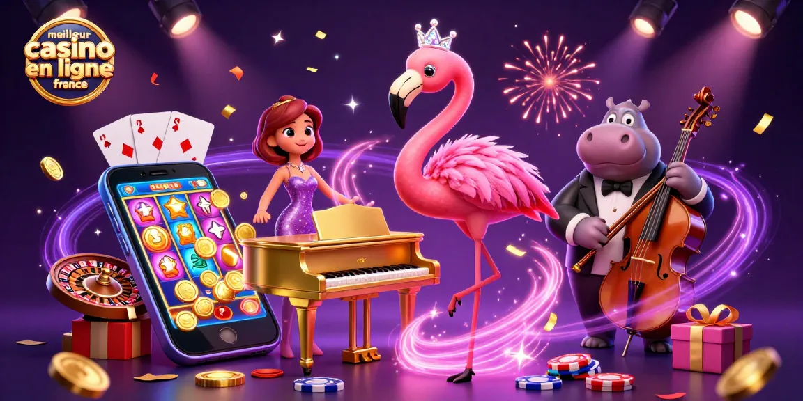 Visualisez le meilleur casino en ligne France avec une scène animée de jeux et de divertissement.