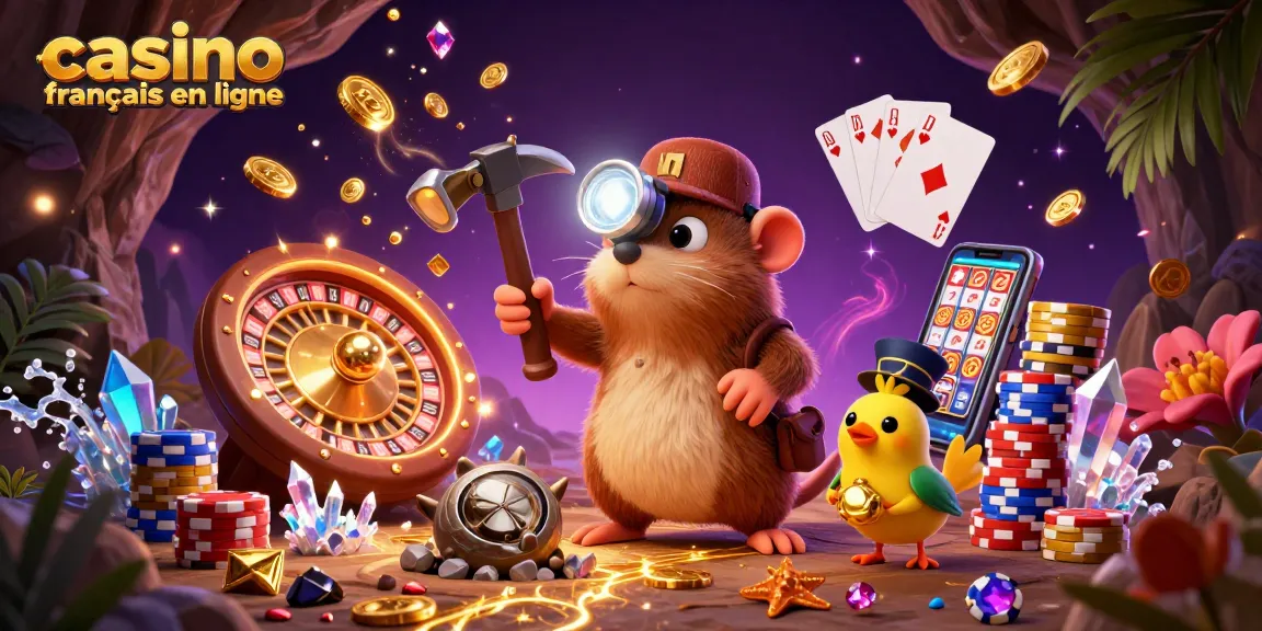 Machines à sous et jeux de cartes animés dans une scène dynamique de casino français en ligne.