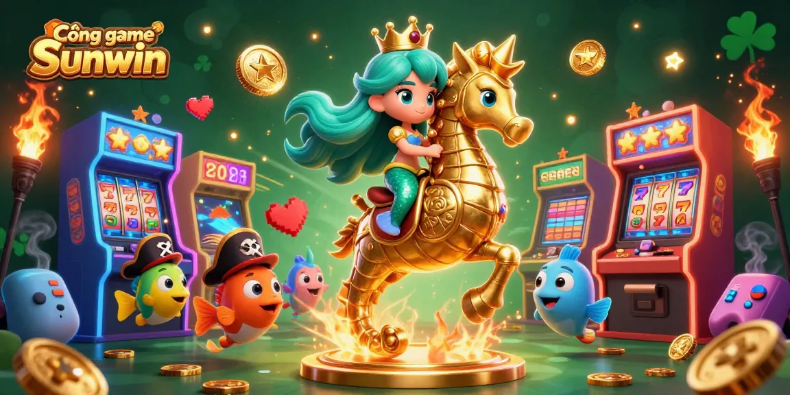 Cổng game Sunwin showcases a vibrant underwater casino universe with a mermaid princess and a seahorse amid colorful gaming elements.
