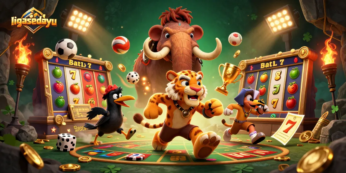 Experience thrilling games and jackpots with ligasedayu in this dynamic casino-themed illustration.