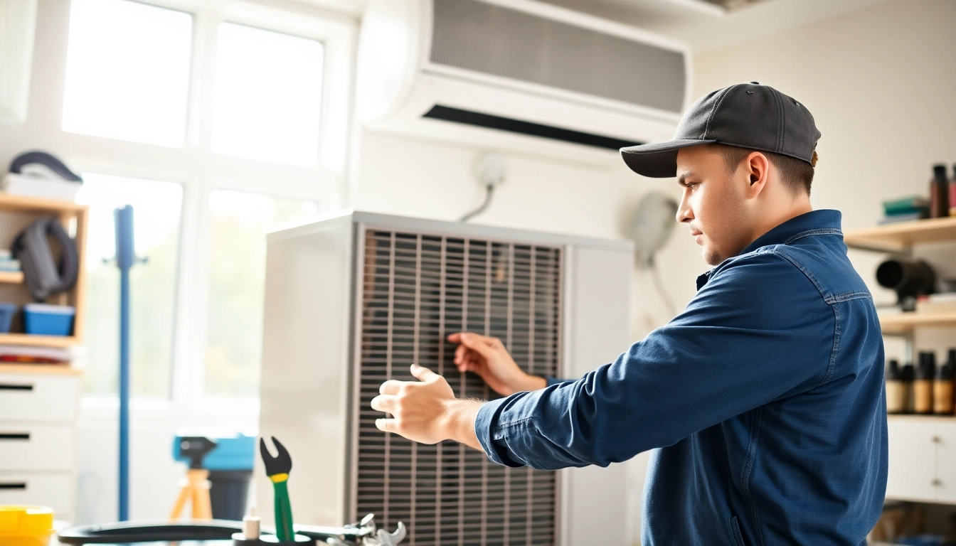 Skilled technician delivering hvac services minneapolis in a homeowners garage.