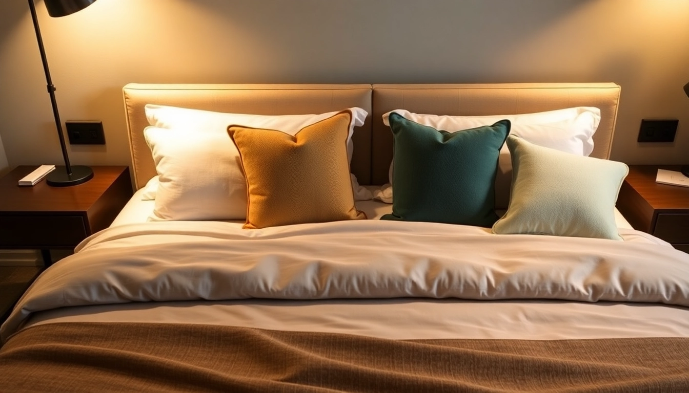 Cuscini letto di design eleganti su un letto matrimoniale, aggiungendo comfort e stile all'ambiente.