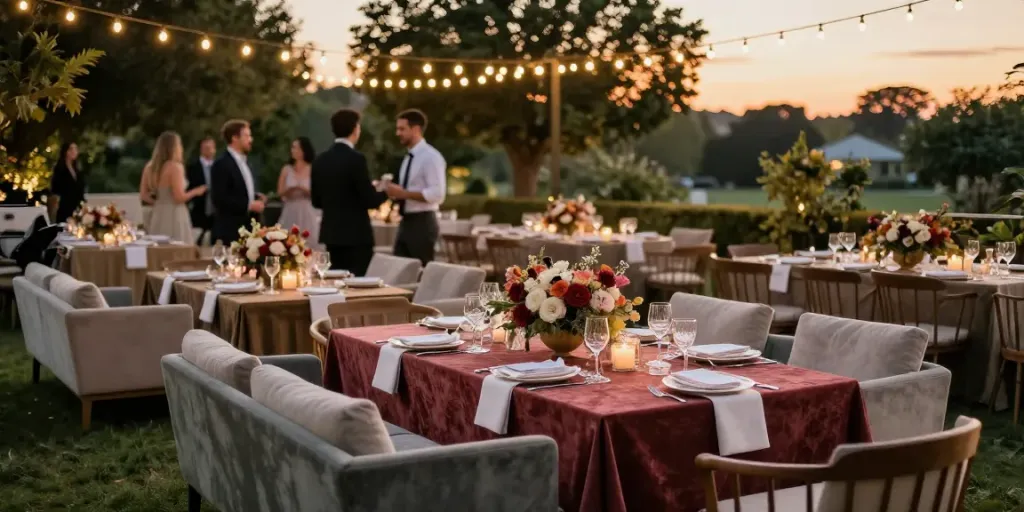 Event furniture rental for an elegant outdoor wedding reception with stylish furniture, floral decorations and warm ambient lighting.